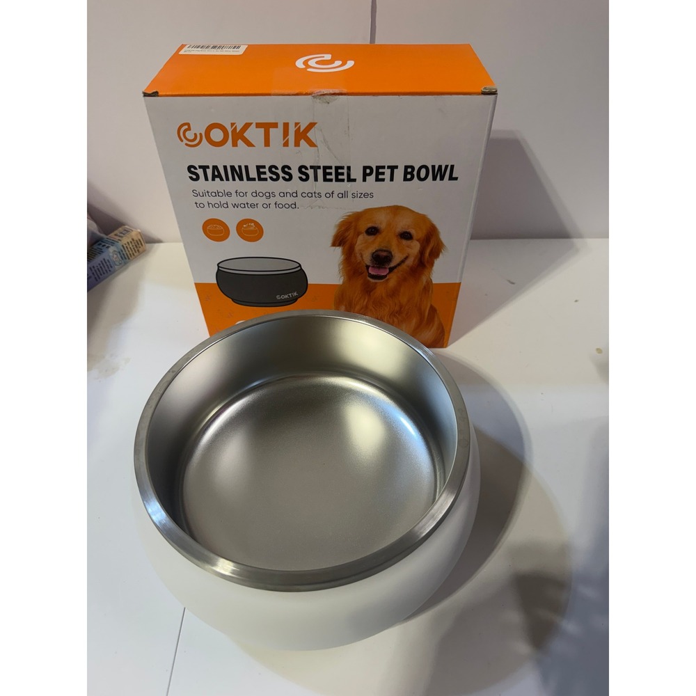 Oktik 64oz Stainless Steel Pet Bowl White Insulated Non-Slip Dog Cat Water Dish